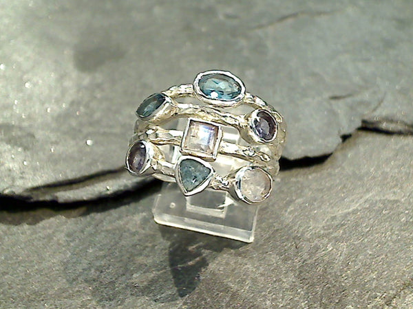 Size 8 Blue Topaz, Iolite, Moonstone, Sterling Ring