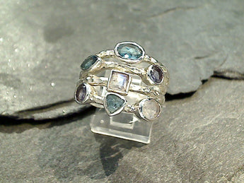 Size 6 Blue Topaz, Iolite, Moonstone, Sterling Ring