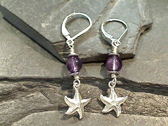 Amethyst, Sterling Silver Starfish Earrings