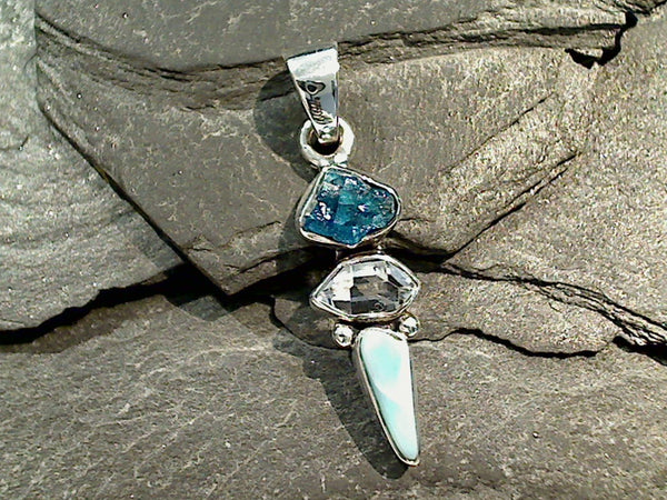 Rough Neon Apatite, Herkimer Diamond, Larimar, Sterling Silver Small Pendant