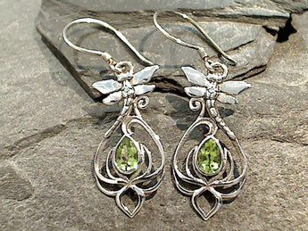 Peridot, Sterling Silver Dragonfly And Lotus Earrings