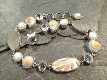 7.5" - 8" Shell, Pearl, White Topaz, Sea Glass, Sterling Silver Bracelet