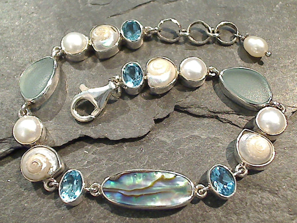 7.5" - 8" Shell, Pearl, Blue Topaz, Abalone, Sea Glass, Sterling Silver Bracelet