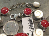 6.75" - 7.5" Coral, Shiva's Eye Shell, Sterling Silver Bracelet