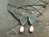 Sea Glass, Pearl, Sterling Silver Earrings