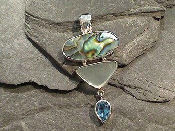Abalone, Sea Glass, Blue Topaz, Sterling Silver Pendant