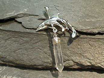 Quartz Crystal Point, Sterling Silver Dolphin Pendant