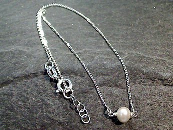 9.5" - 10" Sterling Silver Anklet With Pearl Bead