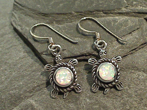 Lab Created Opal, Sterling Silver Turtle Earrings