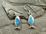 Lab Created Opal, Sterling Christian Fish Earrings