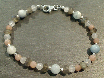 7" Moonstone, Labradorite, Aquamarine, Sterling Silver Bracelet
