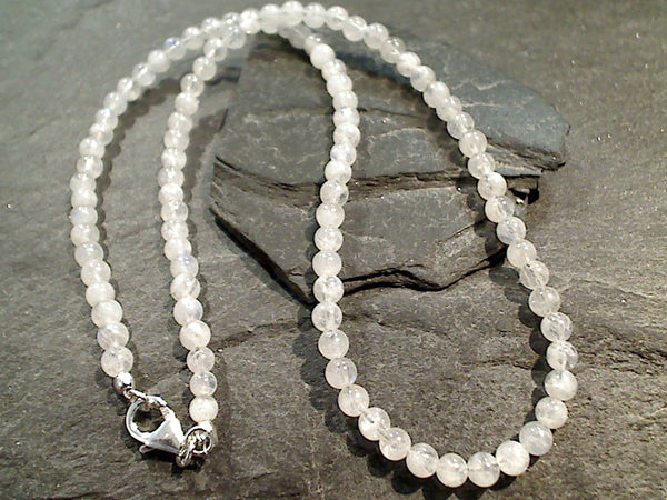 20" 4mm Round Moonstone, Sterling Silver Necklace