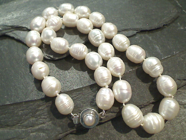 17" Hand Knotted 11MM Ringed Pearl, Sterling Necklace