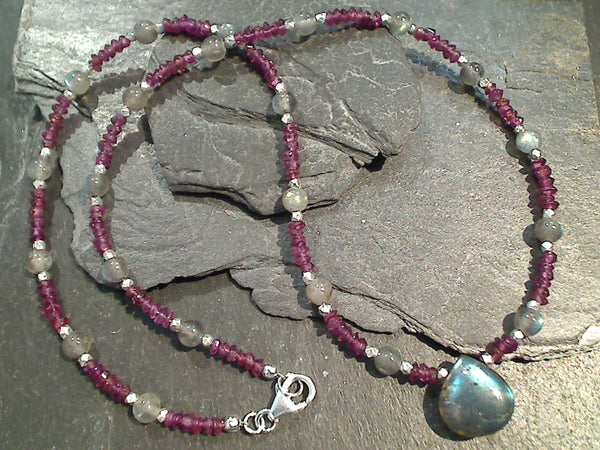18" Garnet, Labradorite, Sterling Silver Necklace