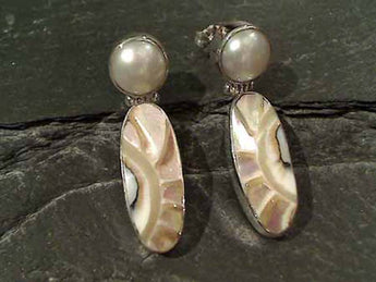 Nautilus Shell, Pearl, Sterling Silver Earrings