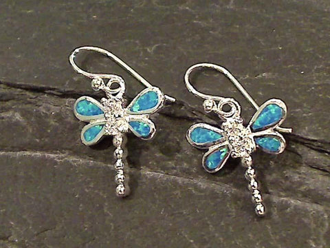 Created Opal, CZ, Dragonfly Earrings
