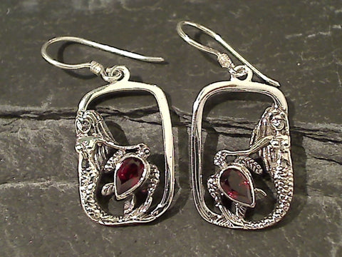 Garnet, Sterling Silver Mermaid Earrings