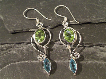 Blue Topaz, Peridot, Sterling Silver Earrings