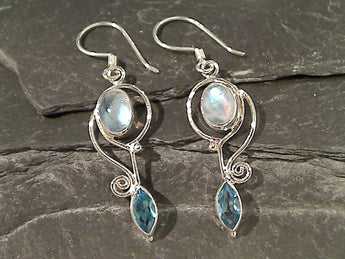 Blue Topaz, Moonstone, Sterling Silver Earrings