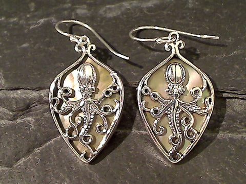 Tan Mother of Pearl, Sterling Octopus Earring