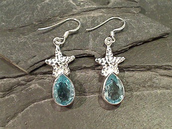 Blue Topaz, Sterling Silver Starfish Earrings